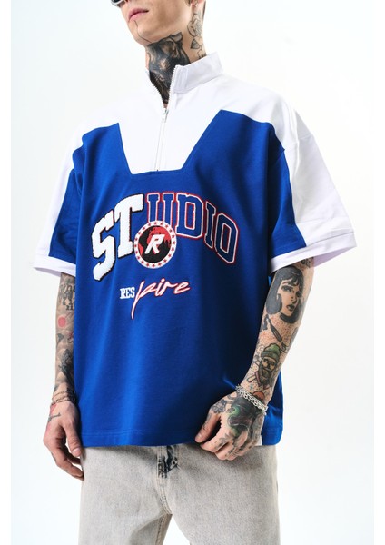 Erkek Studio Nakışlı Yarım Fermuarlı Oversize T-Shirt Saks fırsatları
