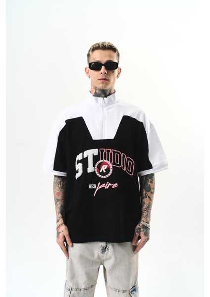 Erkek Studio Nakışlı Yarım Fermuarlı Oversize T-Shirt Siyah