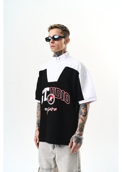 Erkek Studio Nakışlı Yarım Fermuarlı Oversize T-Shirt Siyah fiyatları