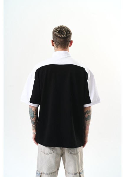 Erkek Studio Nakışlı Yarım Fermuarlı Oversize T-Shirt Siyah modelleri