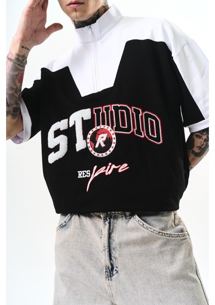 Erkek Studio Nakışlı Yarım Fermuarlı Oversize T-Shirt Siyah fırsatları