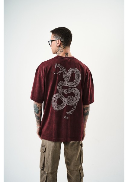 Erkek Snake Nakışlı Yıkamalı Oversize T-Shirt Bordo