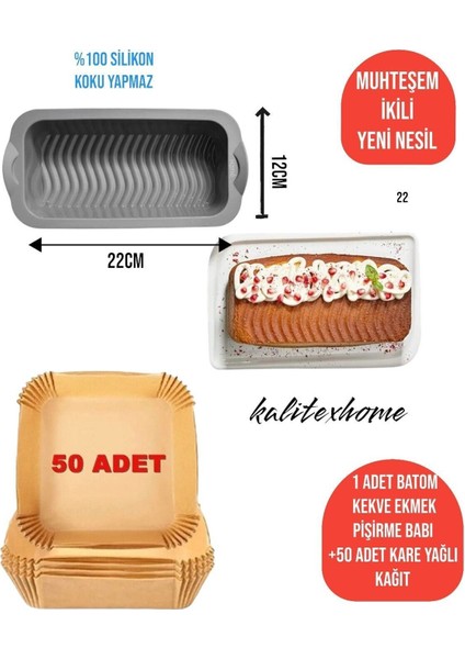 2'li Set .Airfryer Baton Kek Kalıbı - Ekmek Kalıbı Matı+Airfryer Uyumlu 50 Adet Kare Pişirme Kağıdı