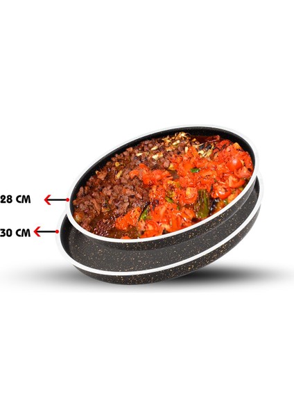 Pizza, Künefe Eli Böğründe Yanyana 28 cm,30 cm 2'li Tepsi Seti-Siyah Altın