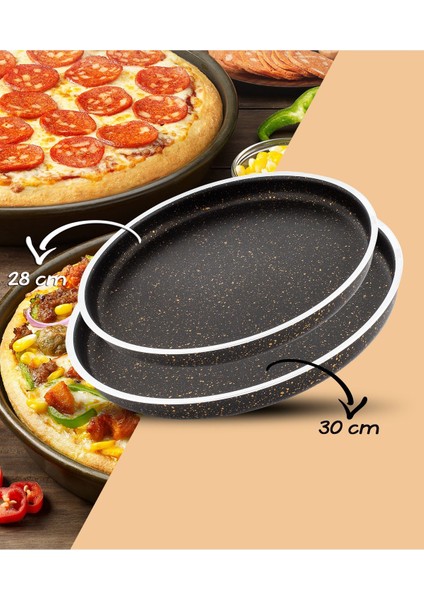 Pizza, Künefe Eli Böğründe Yanyana 28 cm,30 cm 2'li Tepsi Seti-Siyah Altın fırsatları