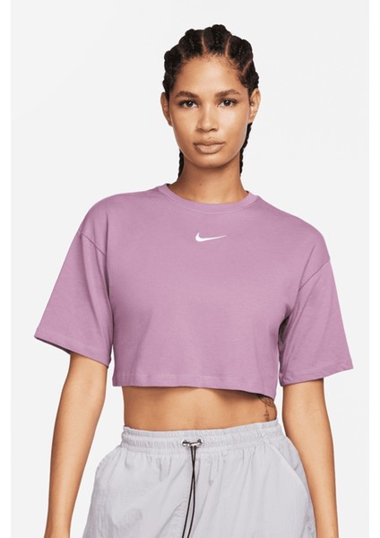 Swoosh Women’s Loose Fit Crop Top T-Shirt Kadın Bol Kalıp Pamuklu Kısa Tişört Mor