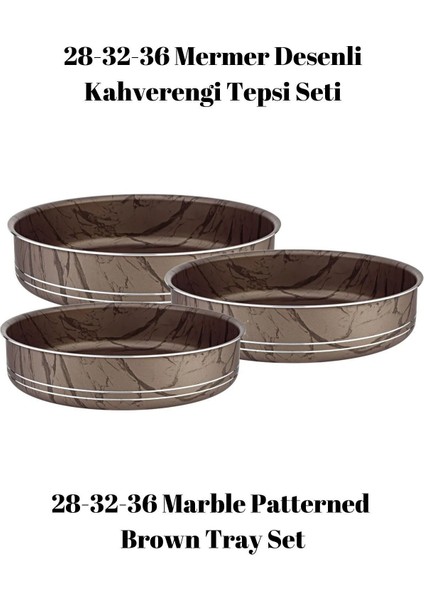 Montella 3'lü Mermer Desenli Kahverengi - Siyah Tepsi 28-30-34 cm