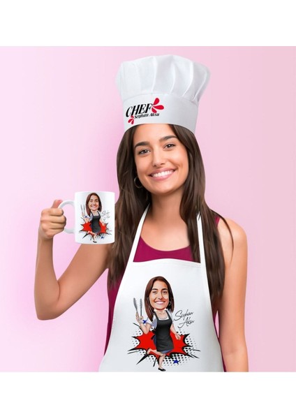 Renkli Kişiye Özel Mutfağım Seti: Önlük, Şapka, Kupa - Pamuk, Çok Renkli