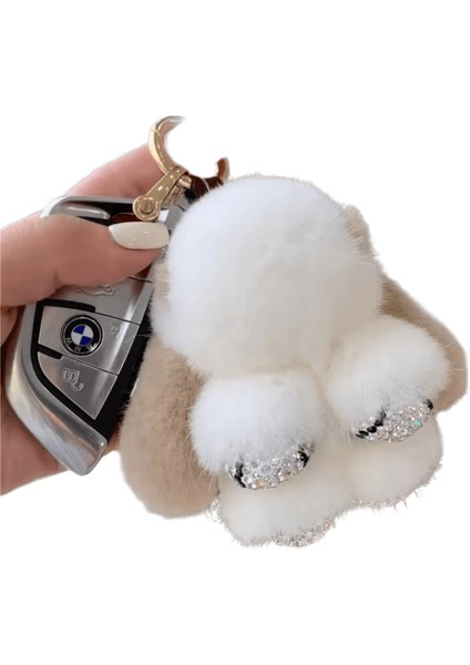 2024 Gerçek Vizon Kürk Tavşan Kürk Kolye Çanta Takı Anahtarlık Peluş Kolye Trompet Sevimli Sevimli Tavşan Karikatür Bebek Elmas Beyaz Bej8 cm (Yurt Dışından)