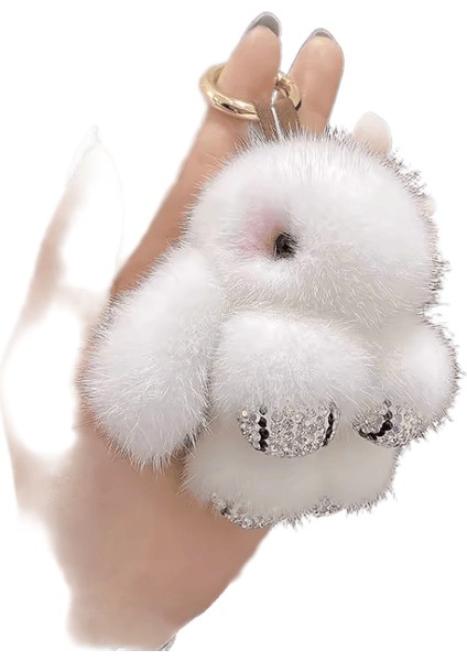 Lüks Büyük Vizon Kürk Tavşan Kürk Kolye Çanta Takı Anahtarlık Peluş Kolye Trompet Sevimli Sevimli Tavşan Karikatür Bebek Beyaz8 cm (Yurt Dışından)