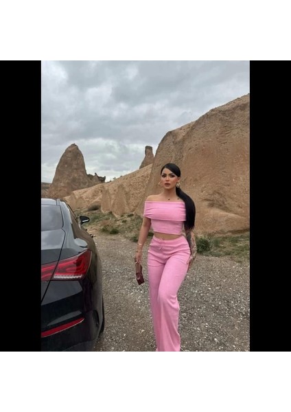 Madonna Yaka Büstiyerli Yüksek Belli Bol Paça Pantolonlu Ikili Trend Eşofman Takım-Pembe modelleri