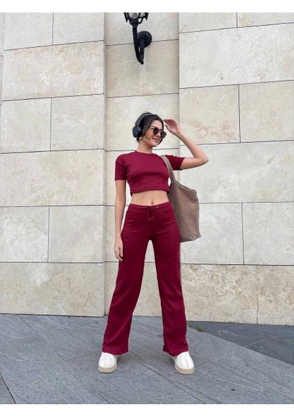 Basic Düz Croptop Regular Kesim %100 Pamuk Fitilli Bol Paça Eşofman Büstiyer Takım - Bordo