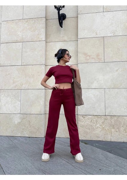 Basic Düz Croptop Regular Kesim %100 Pamuk Fitilli Bol Paça Eşofman Büstiyer Takım - Bordo