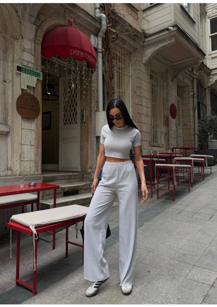 Biyeli Croptop Regular Kesim Fitilli Bol Paça Eşofman Büstiyer Takım - Gri fırsatları