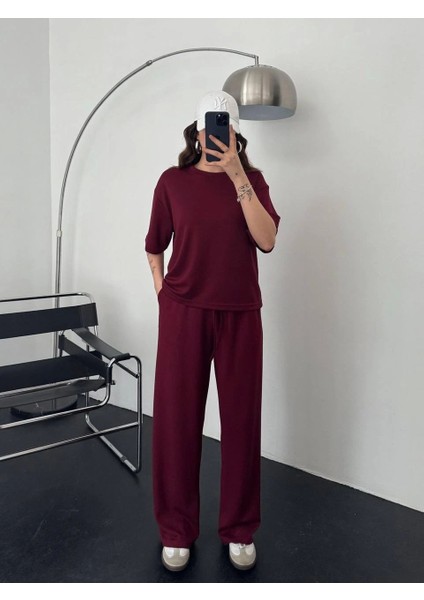 Modal Regular Rahat Kesim Bordo Düz Desen Trend Basic Tişört Eşofman Takım