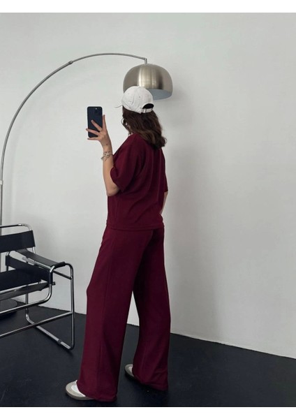 Modal Regular Rahat Kesim Bordo Düz Desen Trend Basic Tişört Eşofman Takım