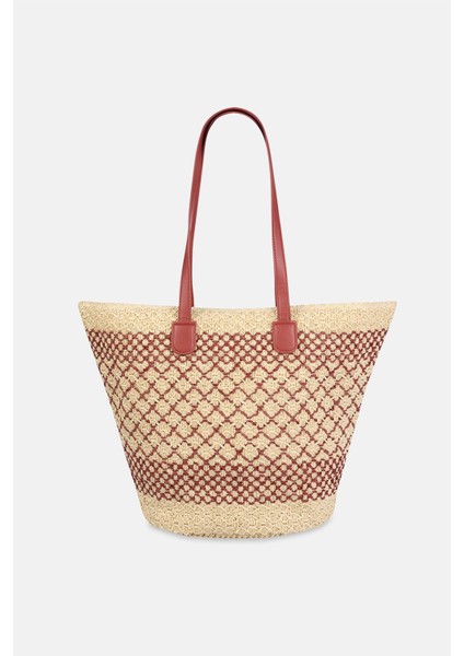 Ekru-Kırmızı Kadın Dörtgen Desenli Hasır Plaj Çantası