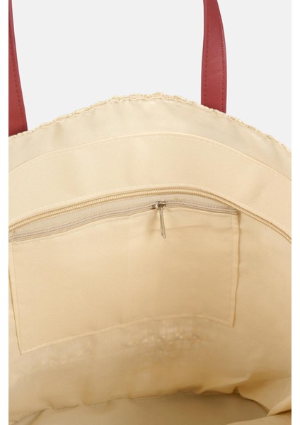 Ekru-Kırmızı Kadın Dörtgen Desenli Hasır Plaj Çantası fiyatları