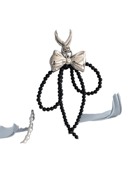 Zakol Y2K Kore Sevimli Boncuklu Inci Ilmek Anahtarlık Kadınlar Için Kızlar Metal Yay Kolye Çanta Dekorasyon Aksesuarları Renk: Siyah Set (Yurt Dışından)