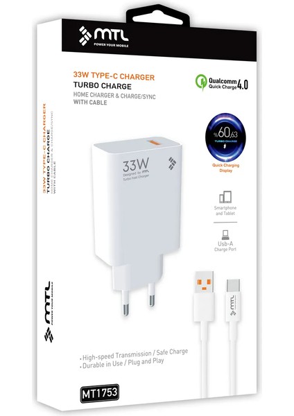 33W Turbo USB Şarj Seti Qc 4.0 MT1753 Mtl Aksesuar