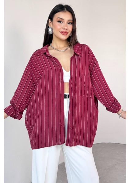 GML-4758 Bordo Ince Çizgili Oversize Gömlek fiyatları