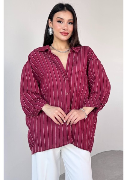GML-4758 Bordo Ince Çizgili Oversize Gömlek modelleri