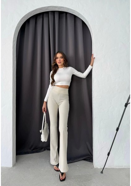 Toparlayıcı Özellikli Bej Yüksek Bel Boru Paça Slim Fit Şık Günlük Tayt Pantolon