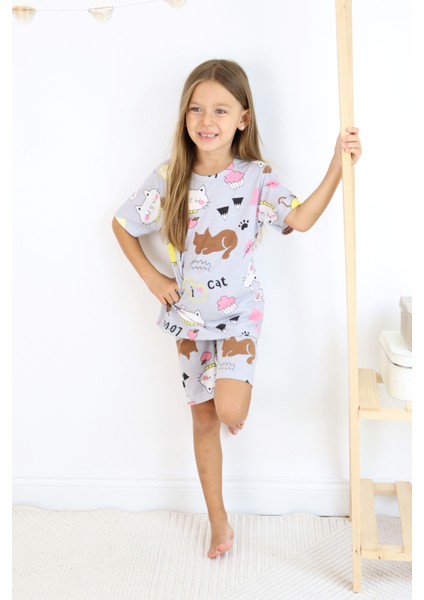 Kız Çocuk Pamuklu Penye Kumaş Şortlu Pijama Takımı