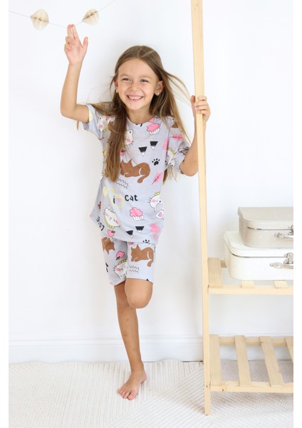 Kız Çocuk Pamuklu Penye Kumaş Şortlu Pijama Takımı