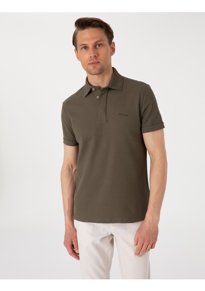 Erkek Haki Slim Fit %100 Pamuk Kıvrılmaz Amerikan Pike Polo Yaka Basic Tişört 50306154-VR027