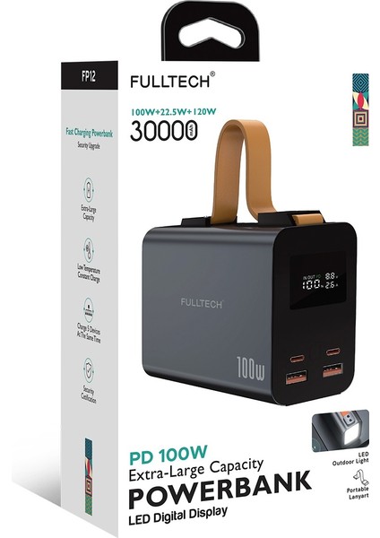 Fp-12 30.000MAH 100W Hızlı Şarj Powerbank - 5 Portlu, LED Ekranlı ve Taşınabilir Lamba Özellikli