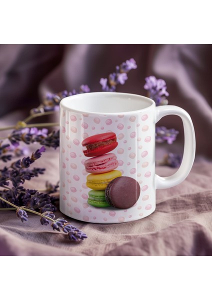 Lezzetli Anılarla Dolu: Makaron Desenli Porselen Baskılı Kupa Bardak - 300 ml
