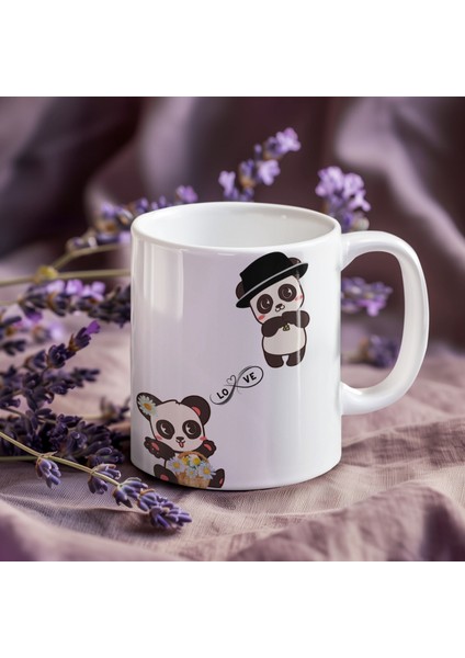 Sevimli Panda Desenli Porselen Baskılı Kupa Bardak - ''love'' Bağlantılı, 300 ml Sevimli Hediye Seçeneği