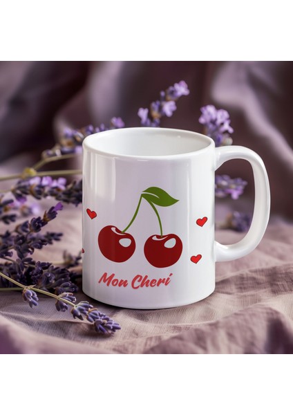 ''mon Chéri'' Kiraz Desenli Porselen Kupa Bardak - Aşk Temalı Hediye 300 ml