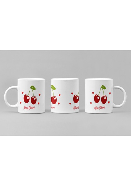 ''mon Chéri'' Kiraz Desenli Porselen Kupa Bardak - Aşk Temalı Hediye 300 ml