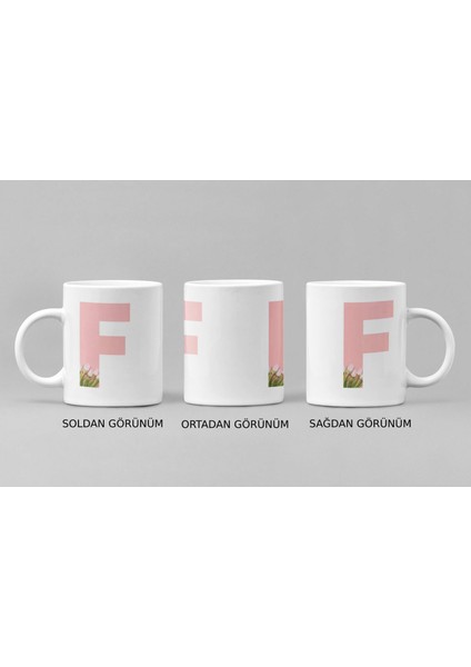 F Harfi ve Renkli Çiçeklerin Buluşması: Porselen Kupa Bardak (300 Ml)