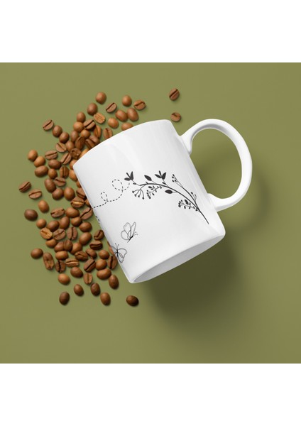 Kelebeklerin Dansı Elinizde! Zarif Çiçek Dalı ve Kelebek Desenli Porselen Baskılı Kupa Bardak (300 Ml)