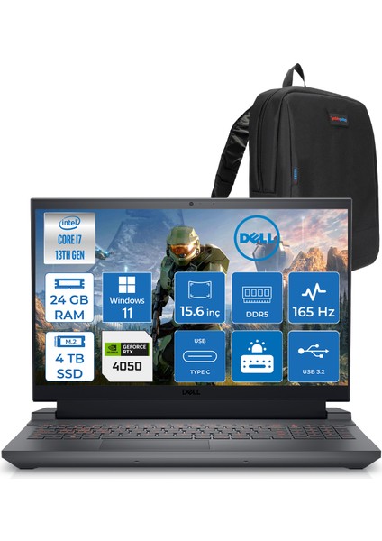 Gaming G15 5530 Intel Core I7 13650HX 24GB Ddr5 4tb SSD Windows 11 Home RTX4050 6gb 140W 15.6" Fhd (1920X1080) 165HZ 3ms 300 Nits Taşınabilir Bilgisayar G155530010UH08 + Zetta Çanta