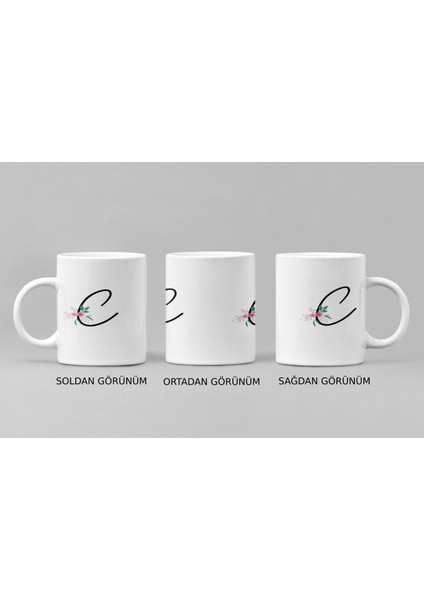 ''c'' Harfi ve Narin Çiçek Desenli Porselen Kupa Bardak - Kişiye Özel Baş Harf Hediye, 300 ml modelleri