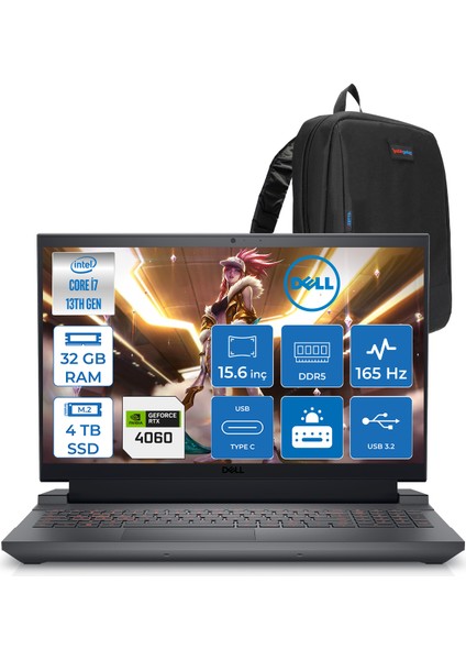 Gaming G15 5530 Intel Core I7 13650HX 32GB Ddr5 4tb SSD Freedos RTX4060 8gb 140W 15.6" Fhd (1920X1080) 165HZ 3ms 300NİTS Taşınabilir Bilgisayar G155530014UF12 + Zetta Çanta