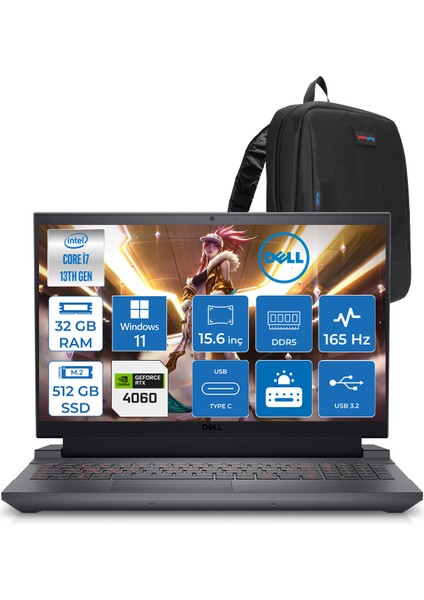Gaming G15 5530 Intel Core I7 13650HX 32GB Ddr5 512GB SSD Windows 11 Home RTX4060 8gb 140W 15.6" Fhd (1920X1080) 165HZ 3ms 300NİTS Taşınabilir Bilgisayar G155530014UH09 + Zetta Çanta