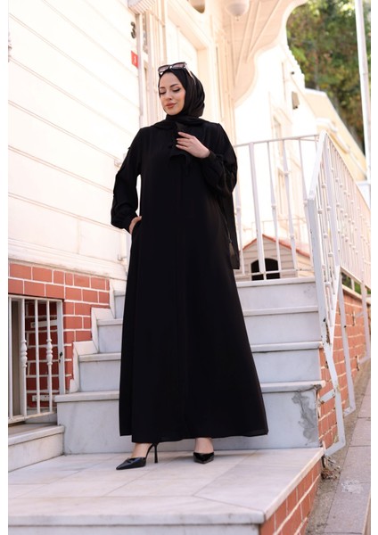 Felora Ferace Uzun Kollu Krep Kumaş Düz Siyah Maxi Elbise Kadınlar İçin