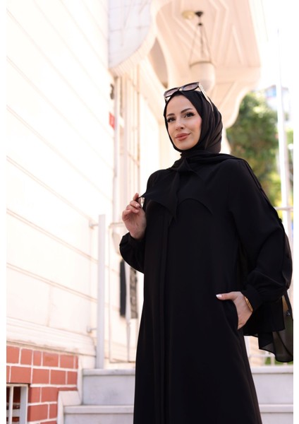 Felora Ferace Uzun Kollu Krep Kumaş Düz Siyah Maxi Elbise Kadınlar İçin modelleri