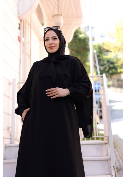 Felora Ferace Uzun Kollu Krep Kumaş Düz Siyah Maxi Elbise Kadınlar İçin fırsatları