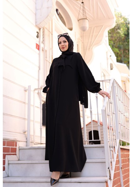 Felora Ferace Uzun Kollu Krep Kumaş Düz Siyah Maxi Elbise Kadınlar İçin