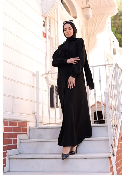 Felora Ferace Uzun Kollu Krep Kumaş Düz Siyah Maxi Elbise Kadınlar İçin