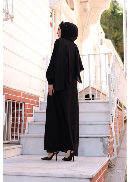 Felora Ferace Uzun Kollu Krep Kumaş Düz Siyah Maxi Elbise Kadınlar İçin