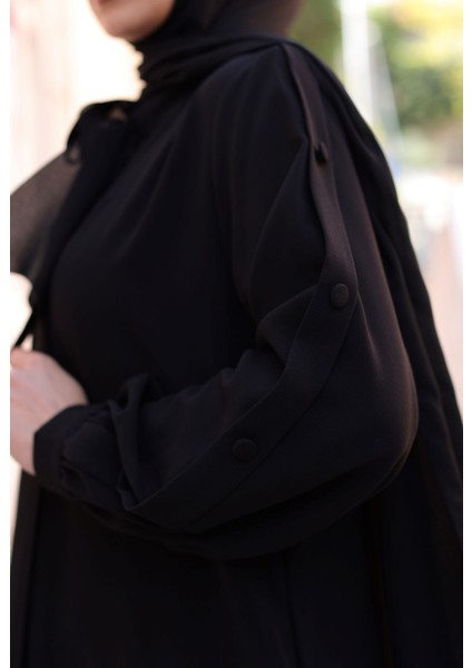 Felora Ferace Uzun Kollu Krep Kumaş Düz Siyah Maxi Elbise Kadınlar İçin