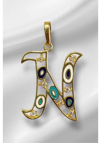 14 Ayar Altın Nazar Boncuklu Göz N Harf Kolye Ucu