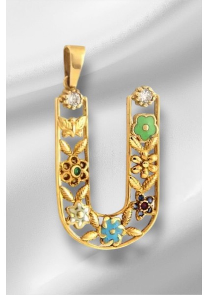 14 Ayar Altın Ü Harfli Çiçekli Cennet Bahçesi Kolye Ucu